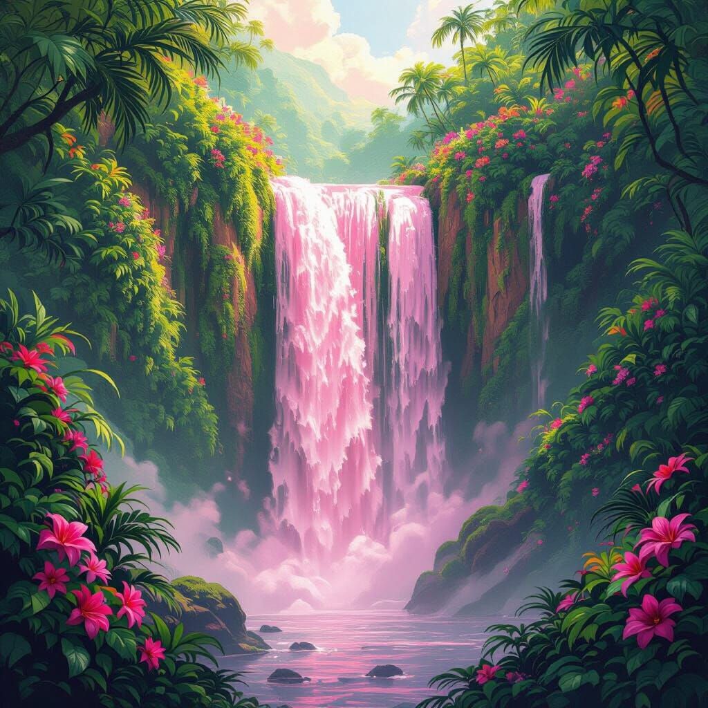 Pink Waterfall Over Emerald Cliffs