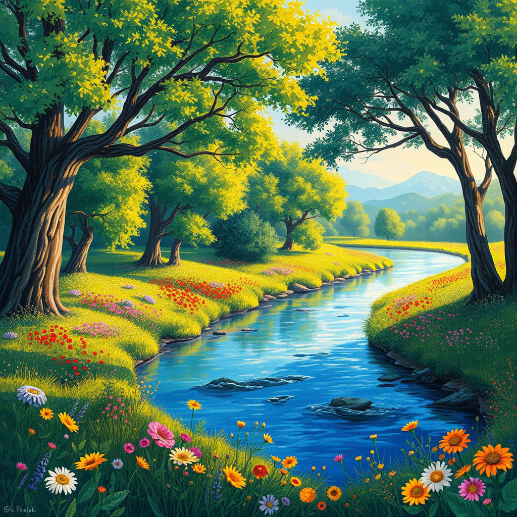 Idyllic River Landscape in Impressionist Style