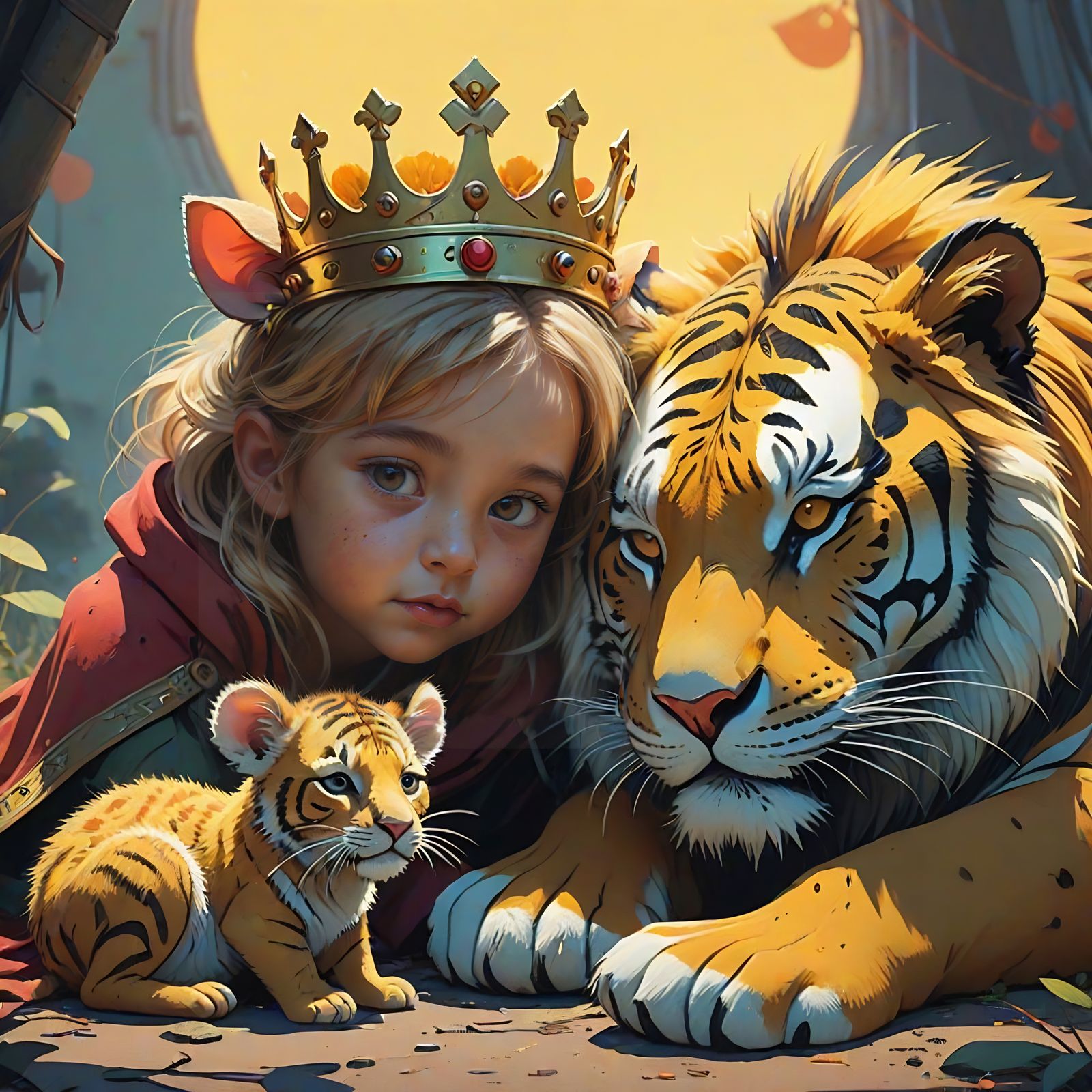 Hyperrealistic Girl Mouse and Big Cats in a Vibrant Scene