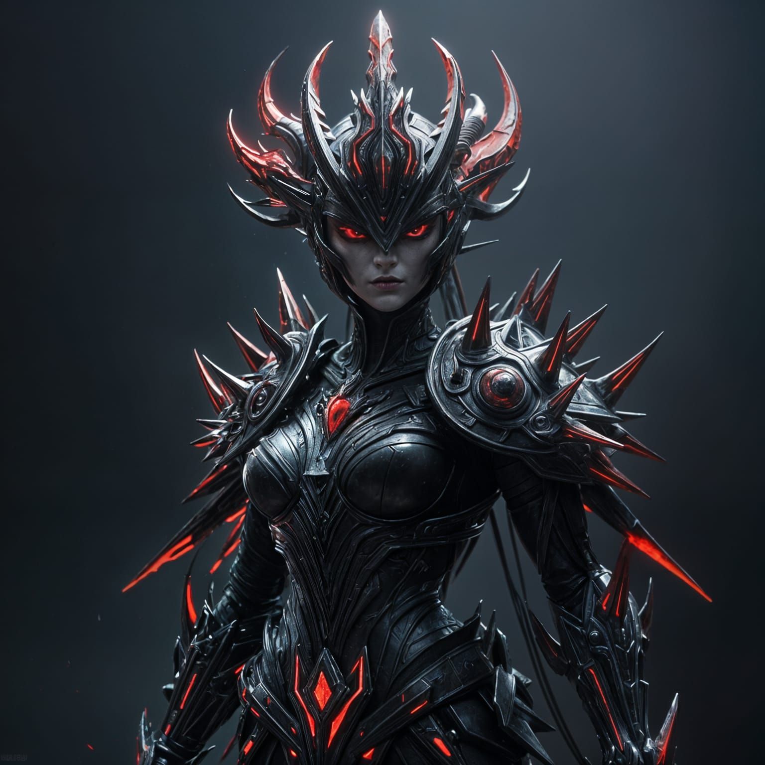 Mysterious Dark Fantasy Goddess Warrior in Black and Red Arm...