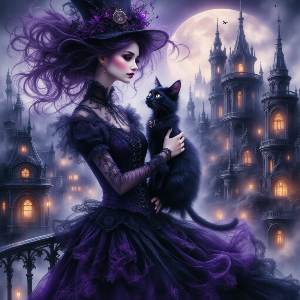 Whimsical Halloween Scene: Woman and Cat on Rooftop
