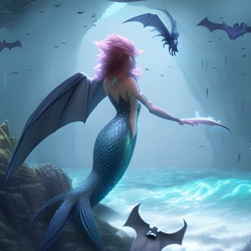 Fantasy Mermaid Bat Hybrid in Dark Ocean Art
