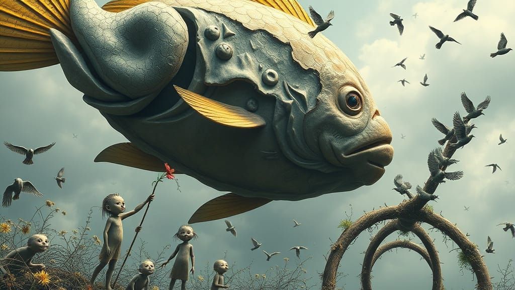 Surreal Aquatic Being in Cyberpunk Landscape