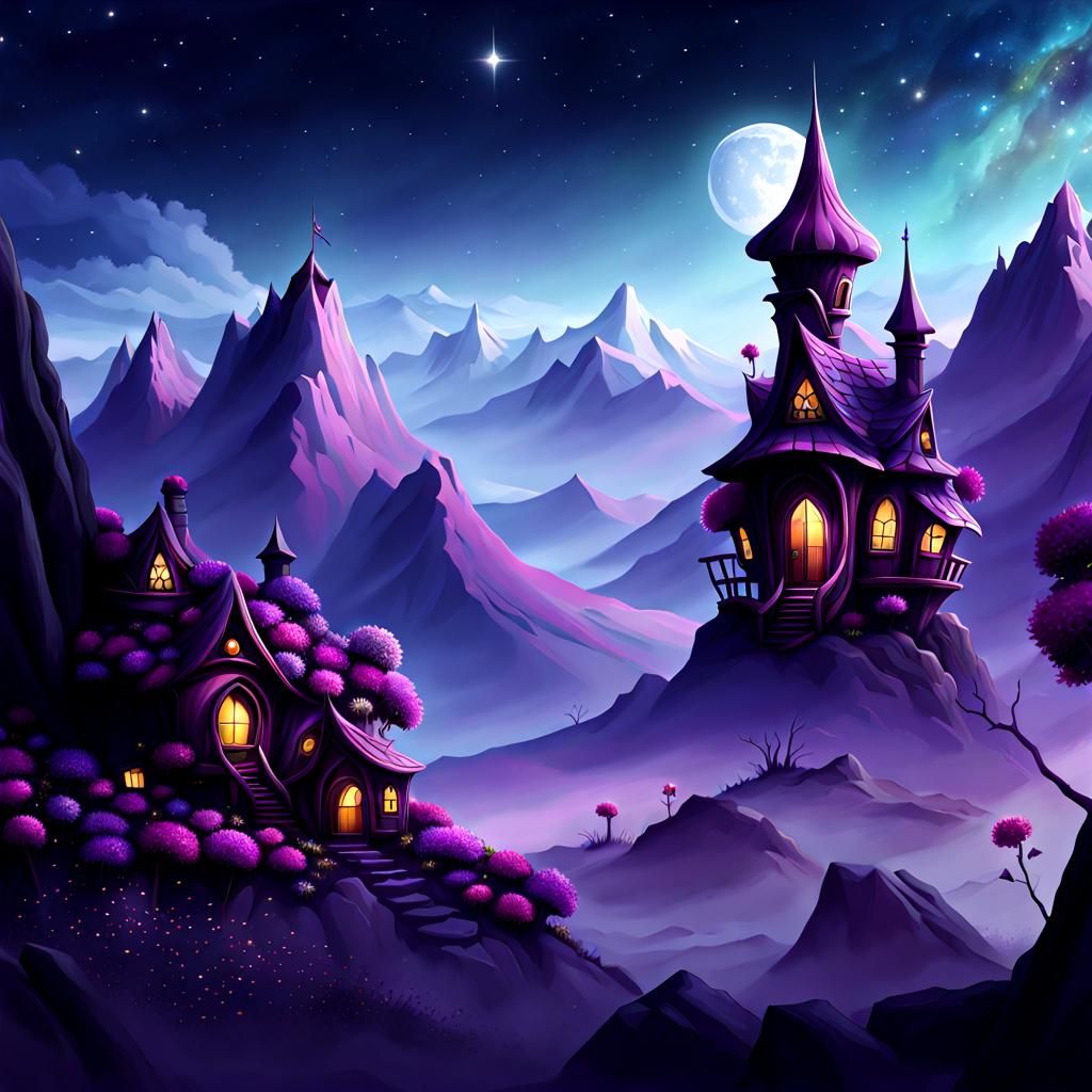 Little fairy houses::Background:: dark purple background of ...