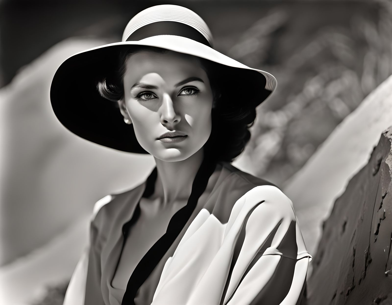 Portrait of a beautiful woman, by Ansel Adams, high contrast, high black point