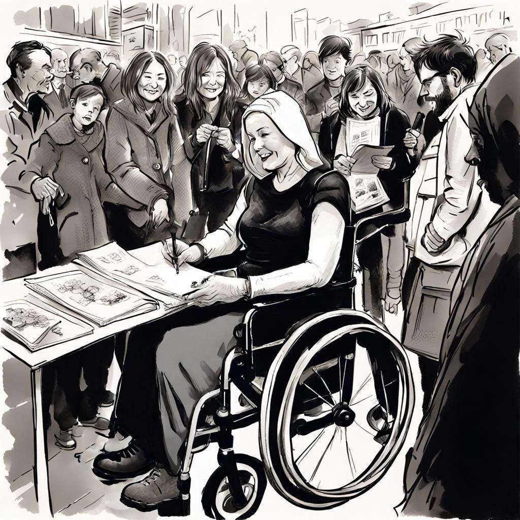Female Artist Signing Autographs in Comic Book Style