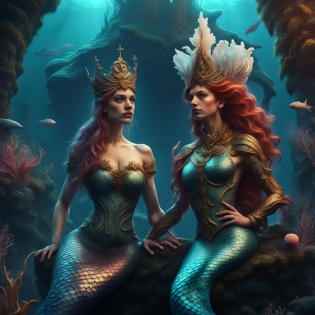 Fantastical Mermaid Queen and King, Detailed Digital Paintin...