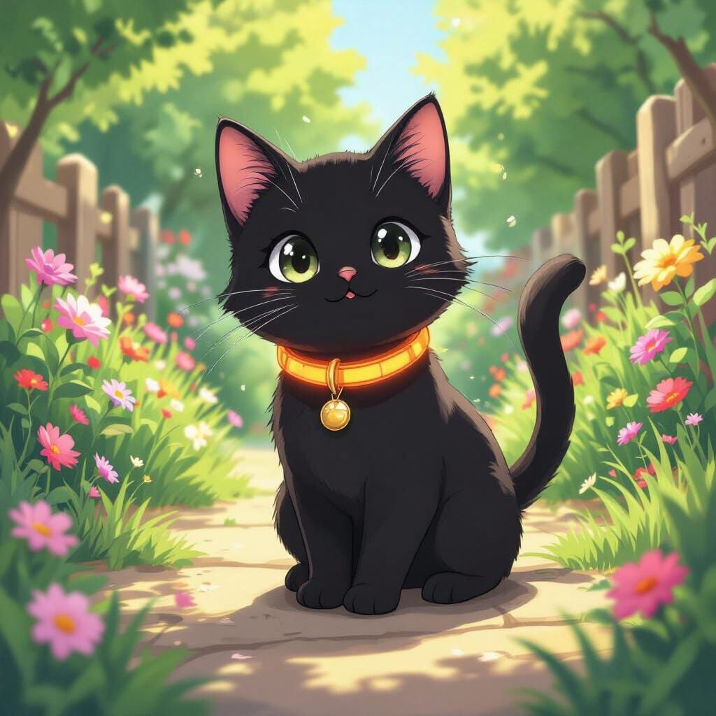 Anime-Style Black Cat in Sunny Garden