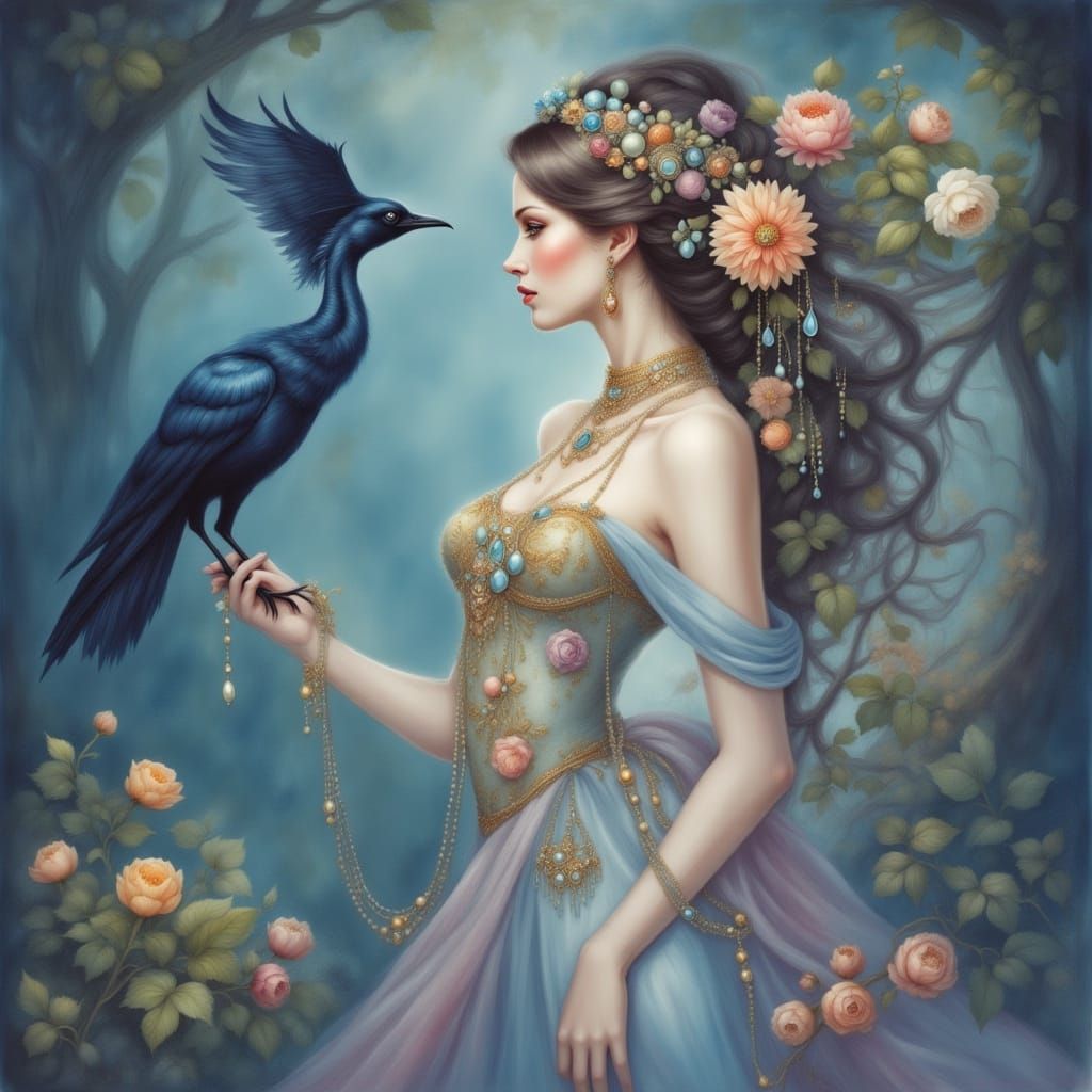Lady with Flowers and Raven in Forest, Impressionistic Water...