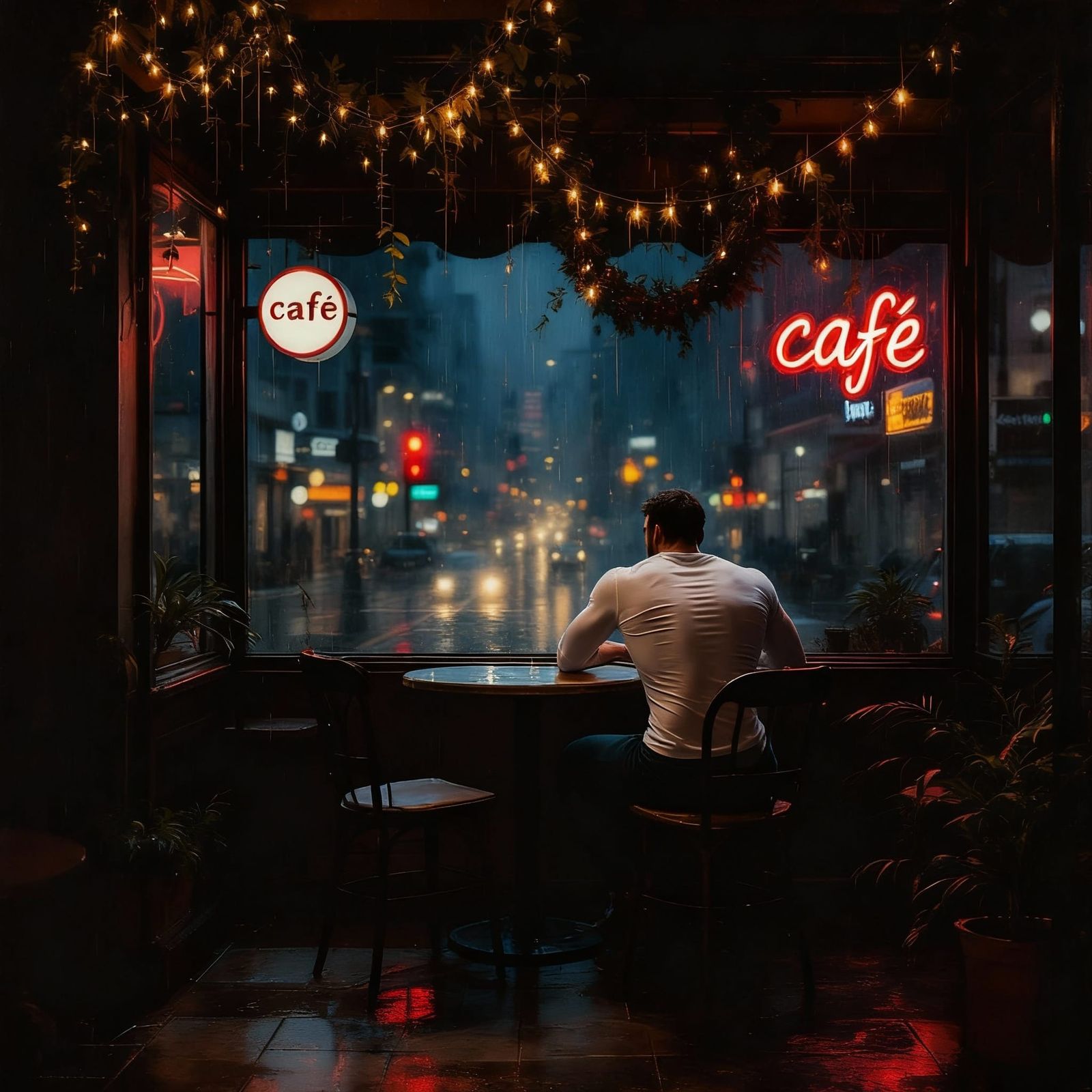 Solitary Man in Rainy City Cafe Painting