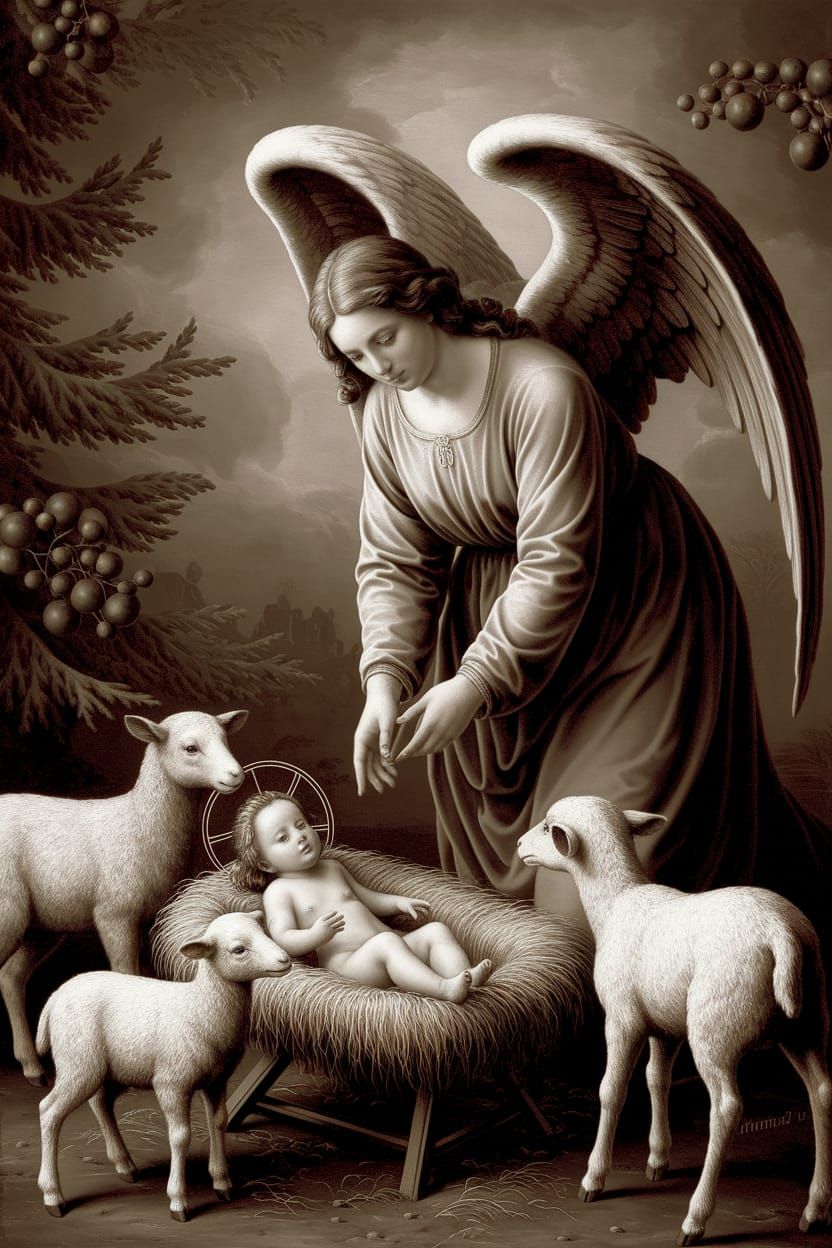 Sepia Angel with Baby Jesus in Manger, Impressionist Style