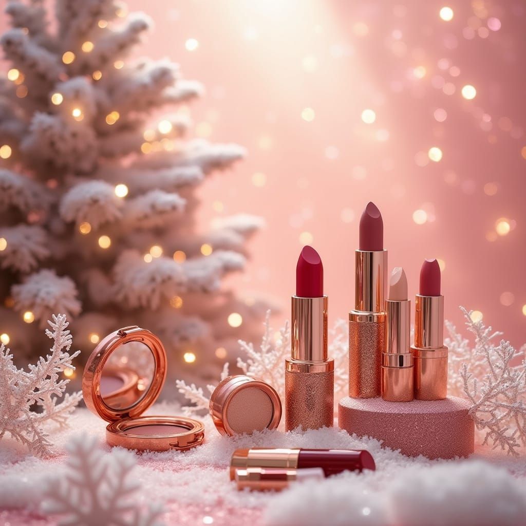 Glamorous Pink Christmas Scene with Makeup Elements