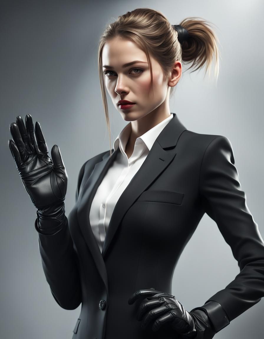 Elegant Woman in Black Suit: Hyperdetailed Portrait