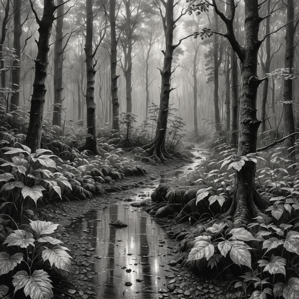Woodland Landscape Charcoal Drawing in Rain