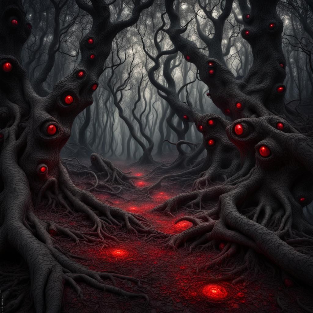 Mysterious Forest with Red Eyes: Hyperrealistic HDR Image