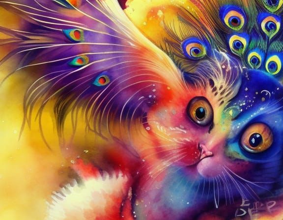 Watercolor Cat with Peacock Feathers and Big Eyes