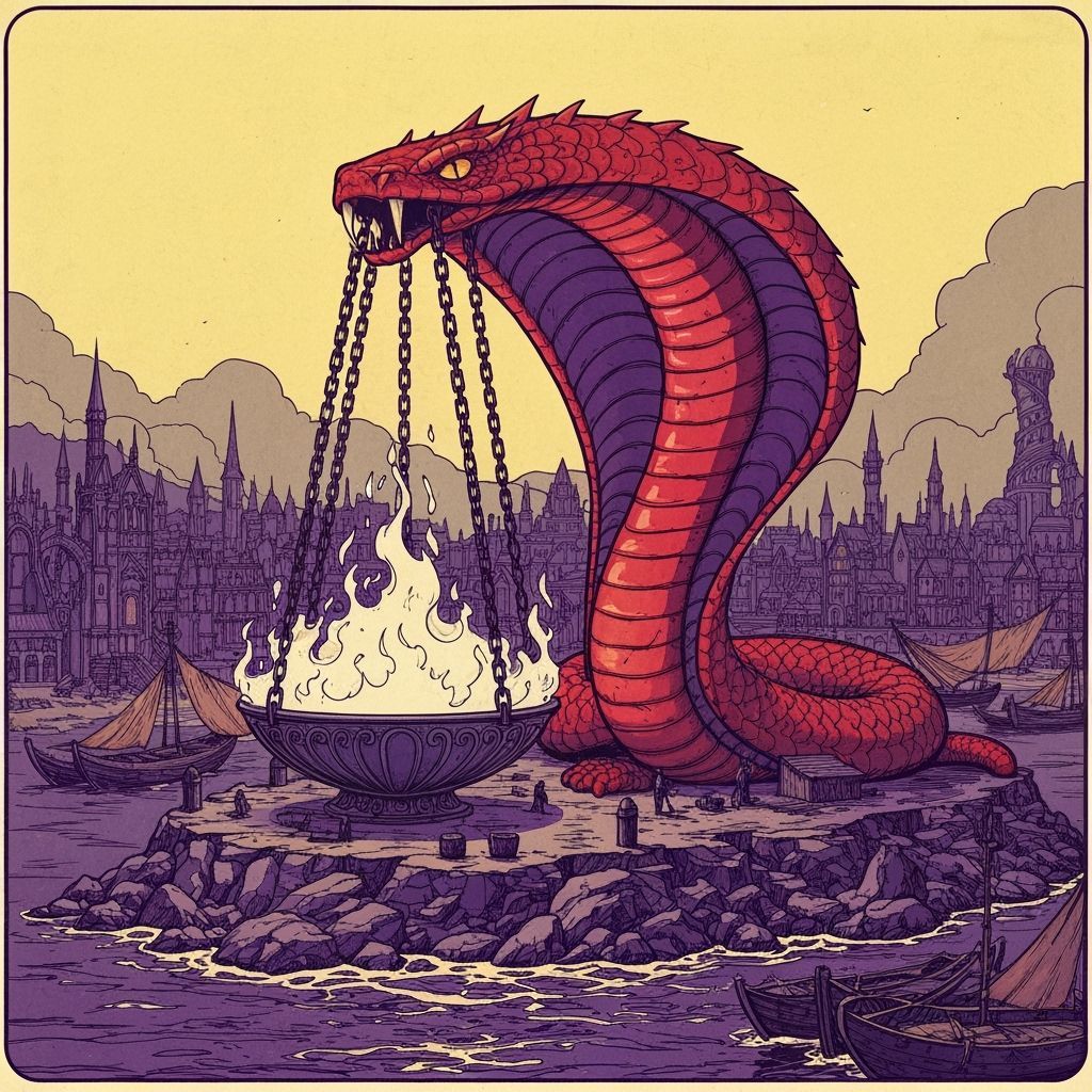 Red Cobra Tower with Fire Bowl: Dark Fantasy Art