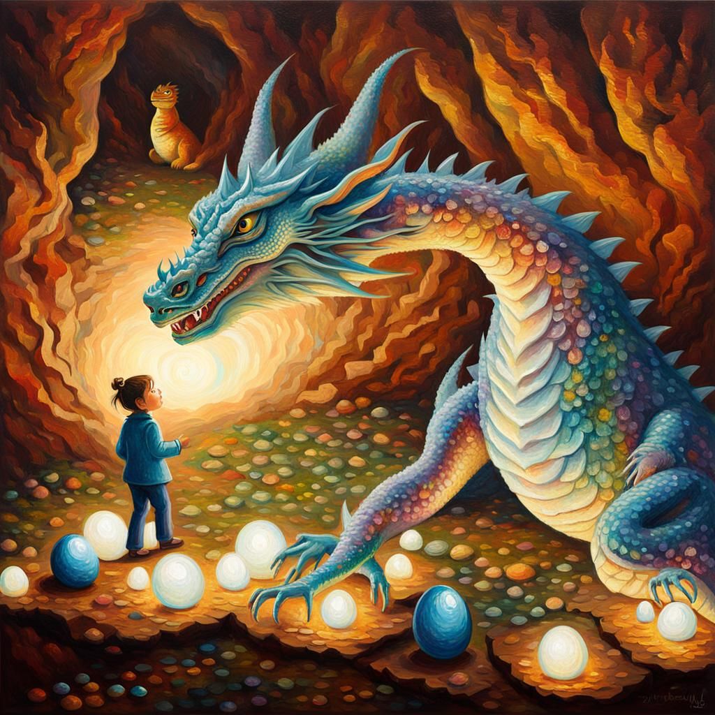 A beautiful Sparkle skin Dragon mother watching and hug her dragon's sparkle eggs with love and care, as a protector mot...