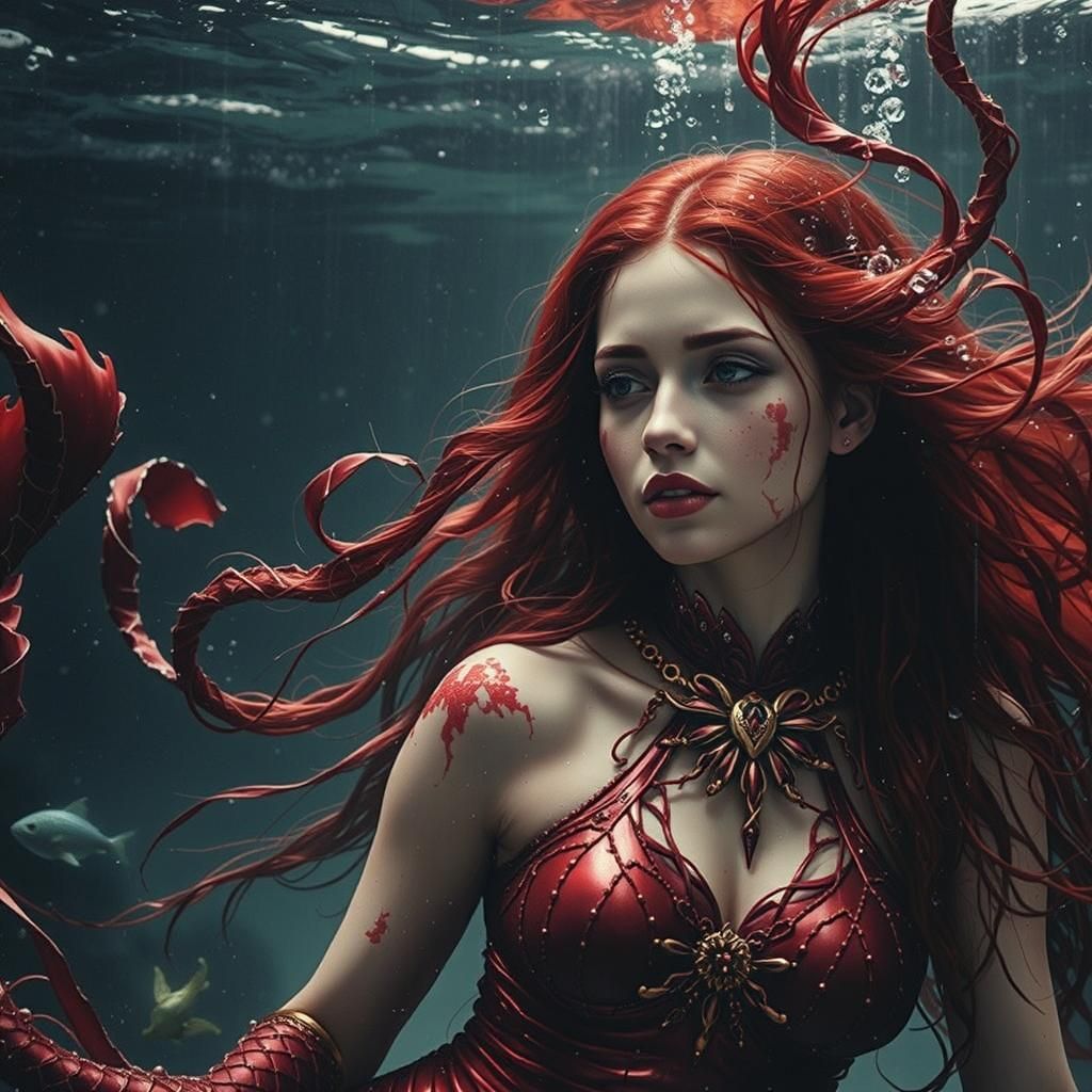 Dystopian Red Mermaid Underwater in Abstract Style