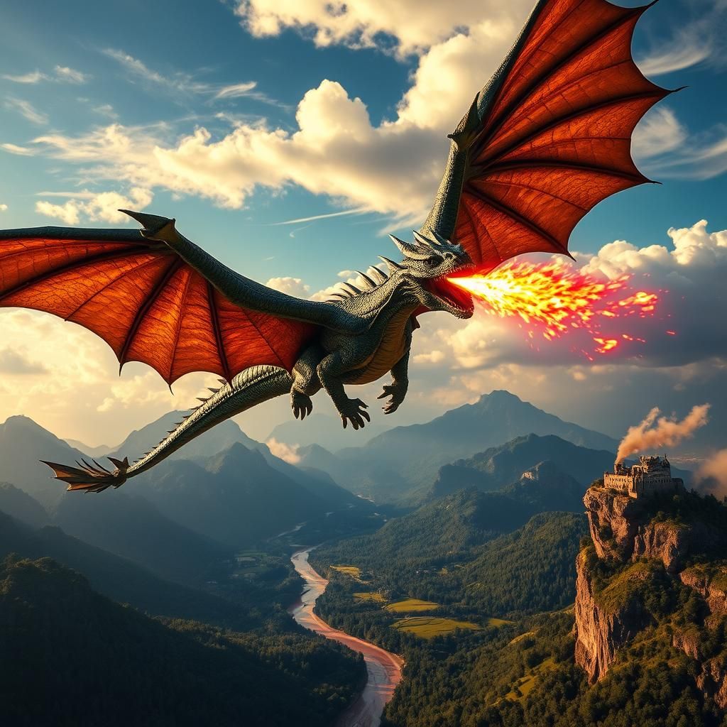 Dragon Soaring Above Fantasy Landscape in Cinematic Style