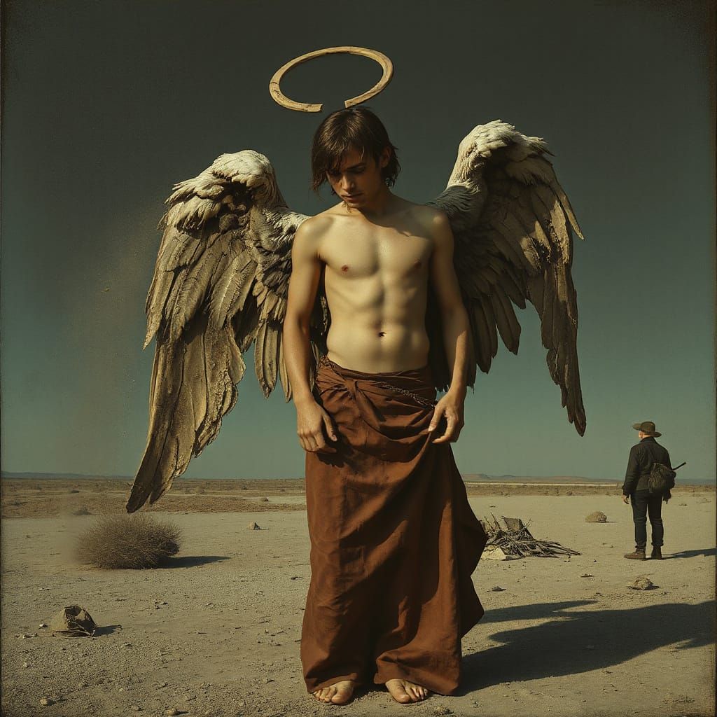 Melancholic Angel in Desolate Post-Apocalyptic Landscape
