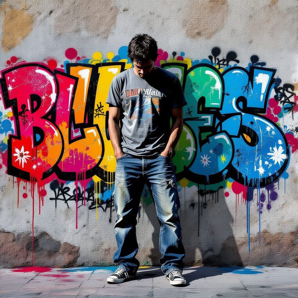 Silhouette Against Graffiti Wall in Urban Realism Style