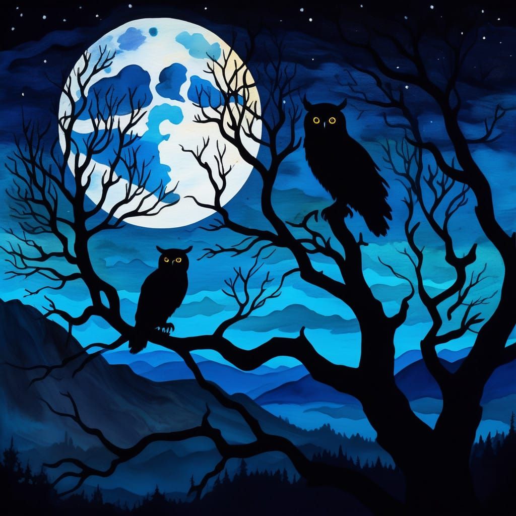 Epic Impressionist Owl Silhouette in Rocky Mountains Landsca...