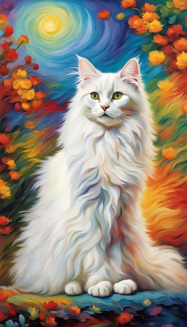 White Long Haired Cat in Van Gogh Style