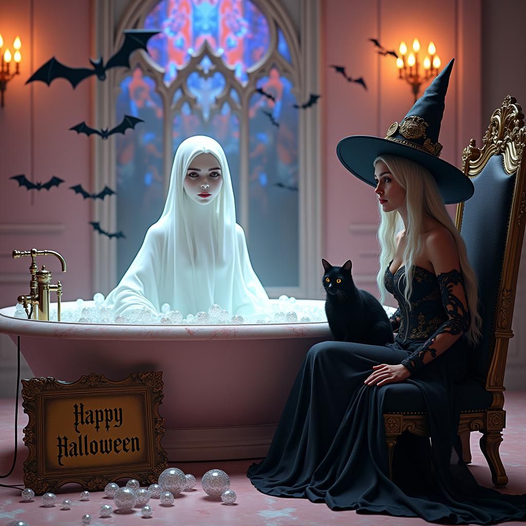 Ghostly Bath in Gothic Pink Bathroom, Halloween Night