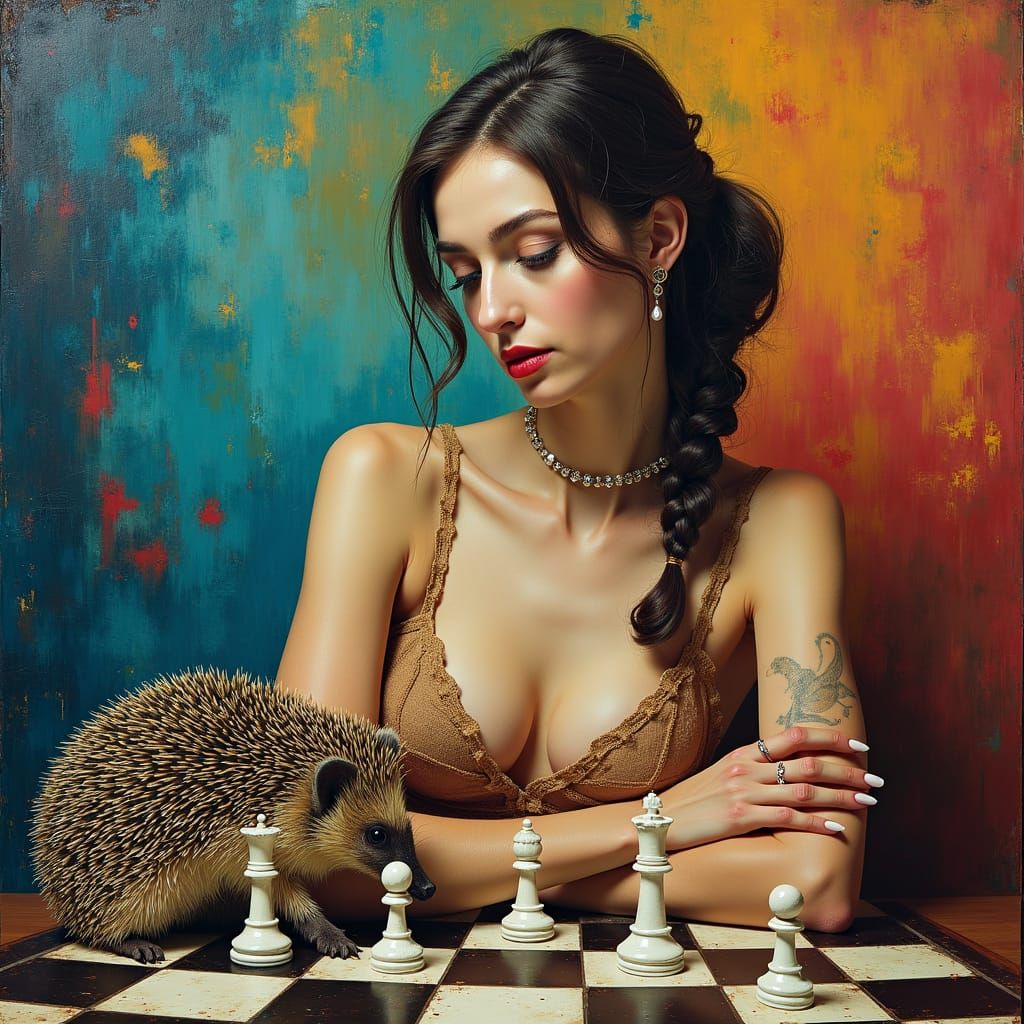 Stunning Woman Plays Chess with a Hedgehog in a Vibrant, Dre...