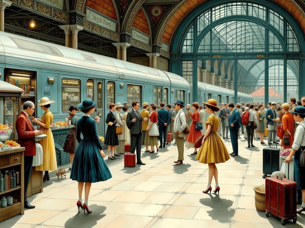 Art Deco Train Station Scene with Travelers and Vendor