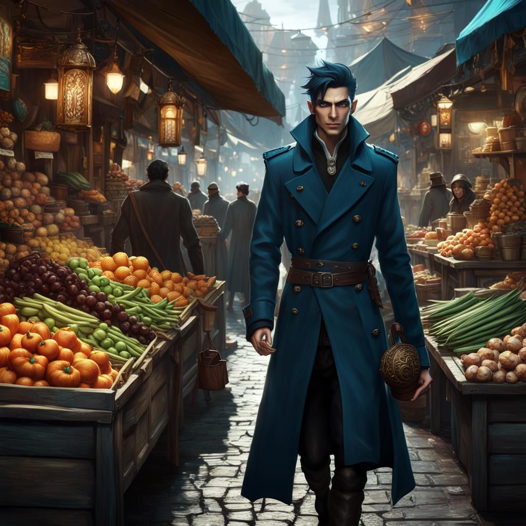 High Elf Teenager in Crowded Market, Fantasy Art