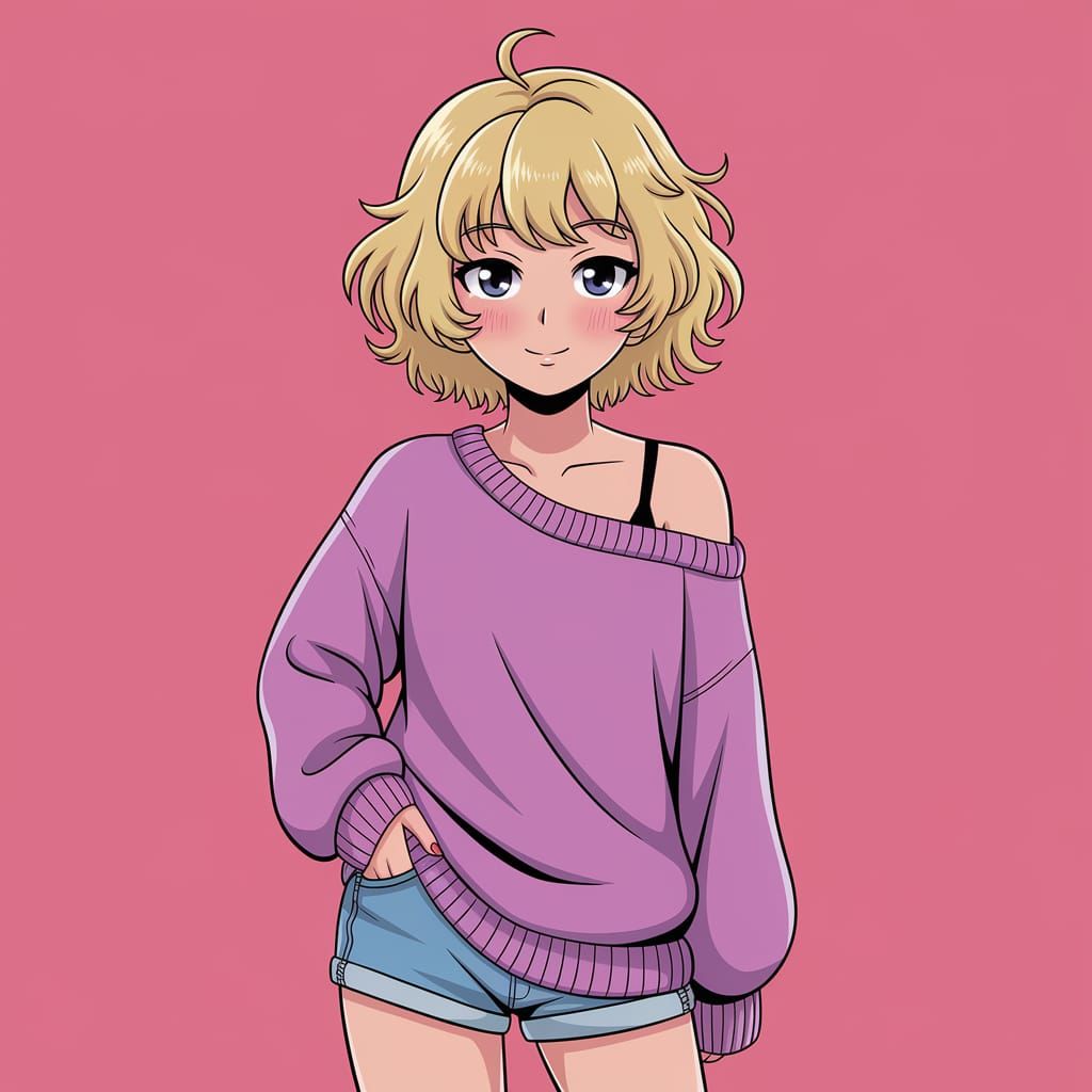 Blonde Anime Girl in Sweater and Shorts