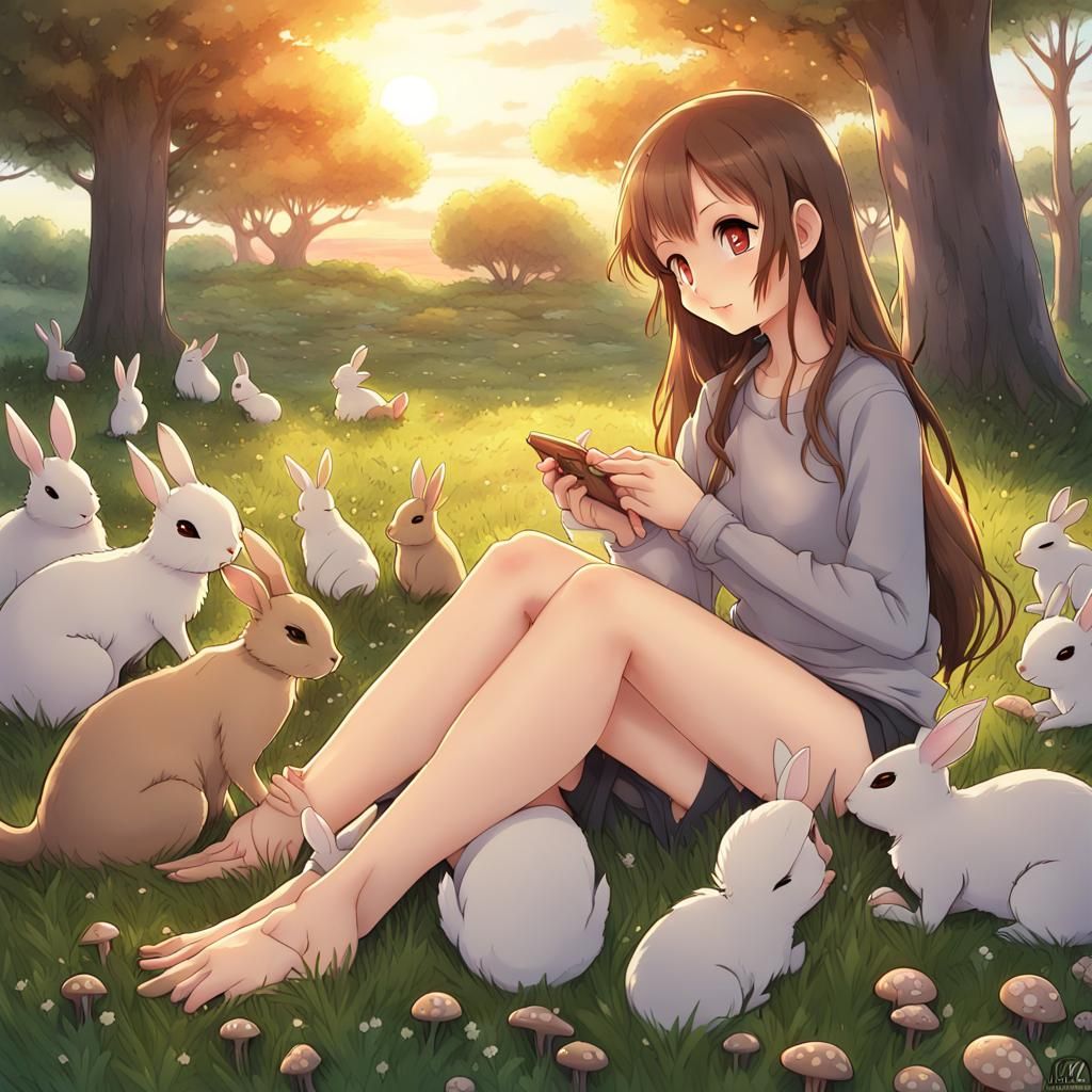 Anime Girl Surrounded by Animals at Sunset