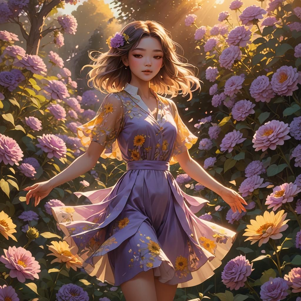 Girl Dancing in Sunset Flower Garden: 3D Anime Art