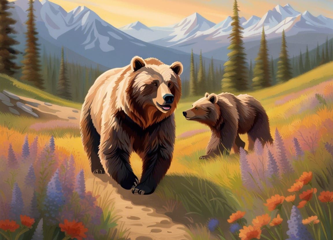 Grizzly Bear Family in Mountain Meadow: Hyperrealistic Art