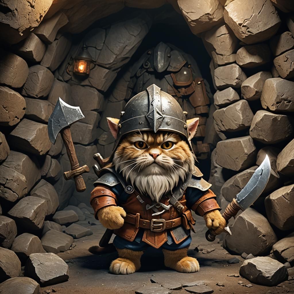 Gimli Cat Miner in Cave, Octane Render