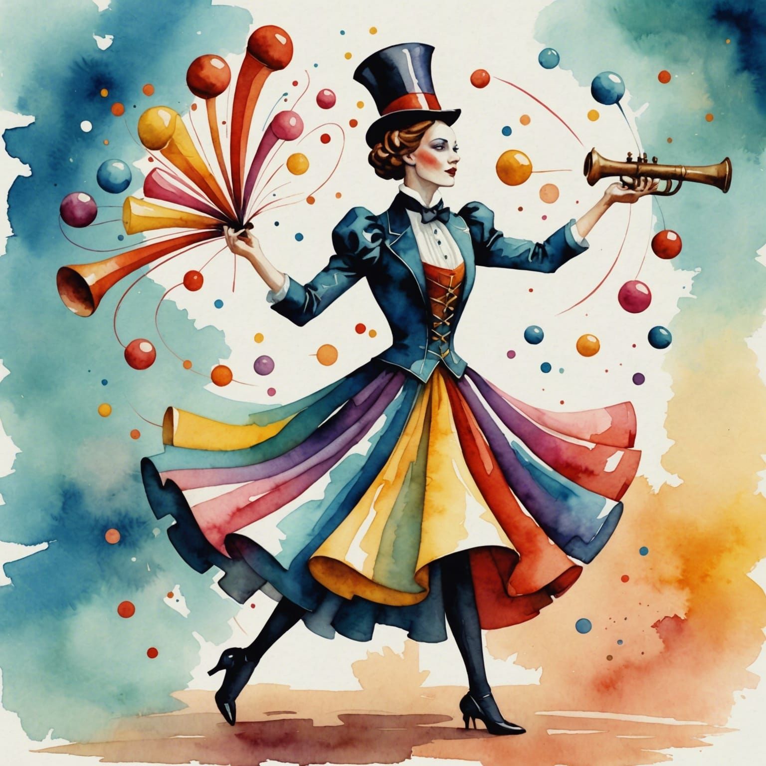 Carnival Juggler Twirling Cannon in Watercolor Style