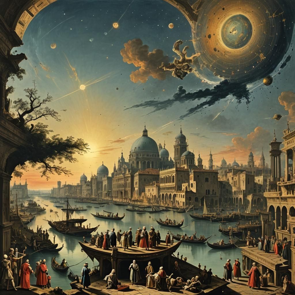 Galactic Sunrise Over Canal in Style of Canaletto