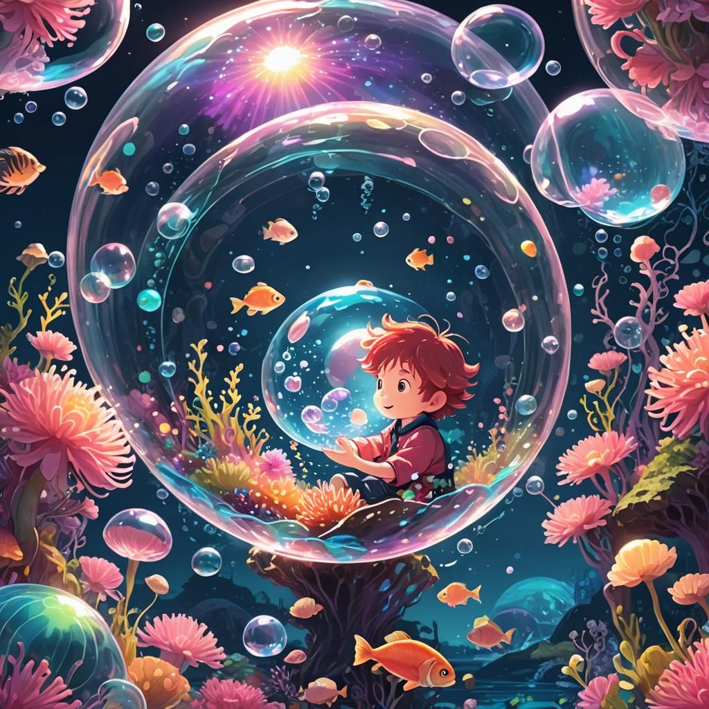 Ponyo and Sosuke in Underwater Bubble, Fantasy Art
