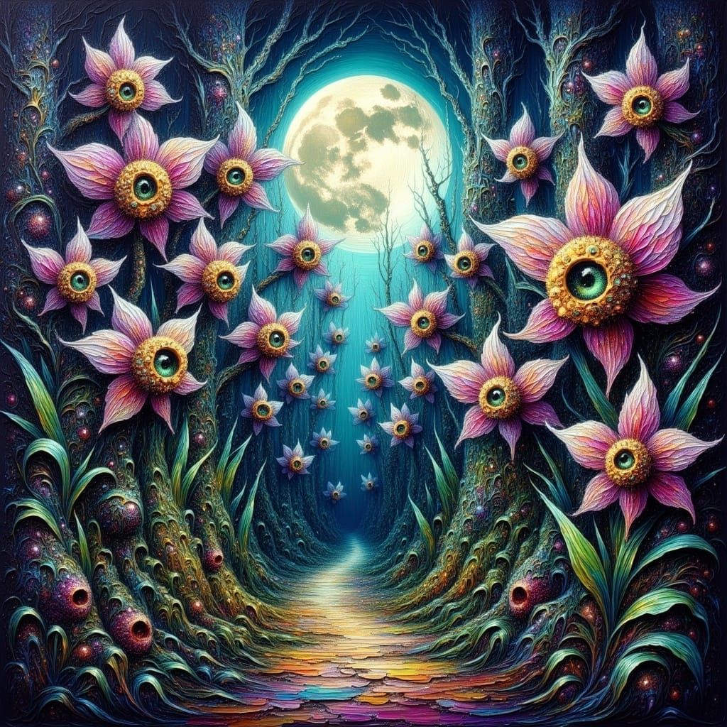 Enchanted Grove of Luminous Eye-Orchids in Impasto Style