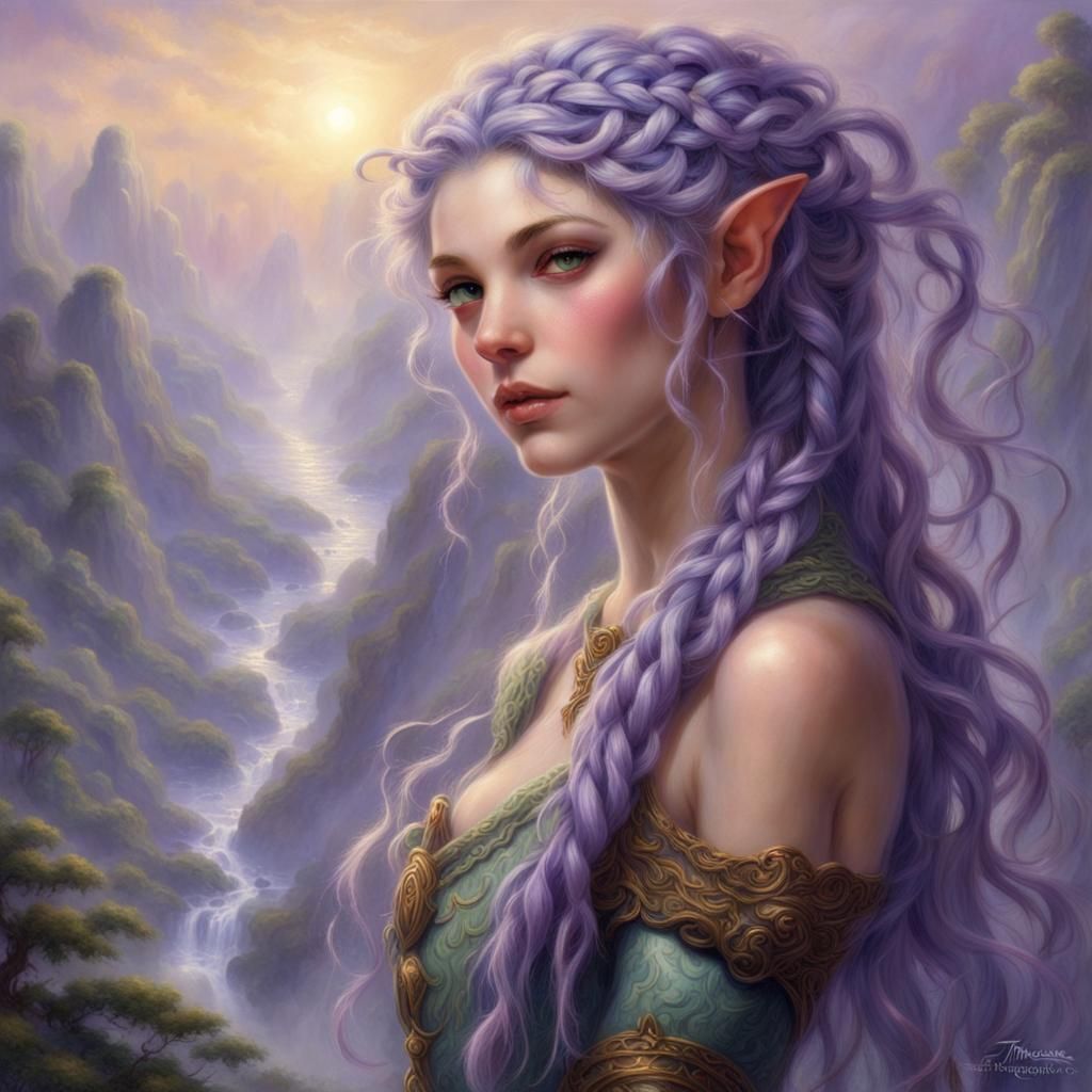 Ethereal Purple-Haired Elf in a Misty Landscape