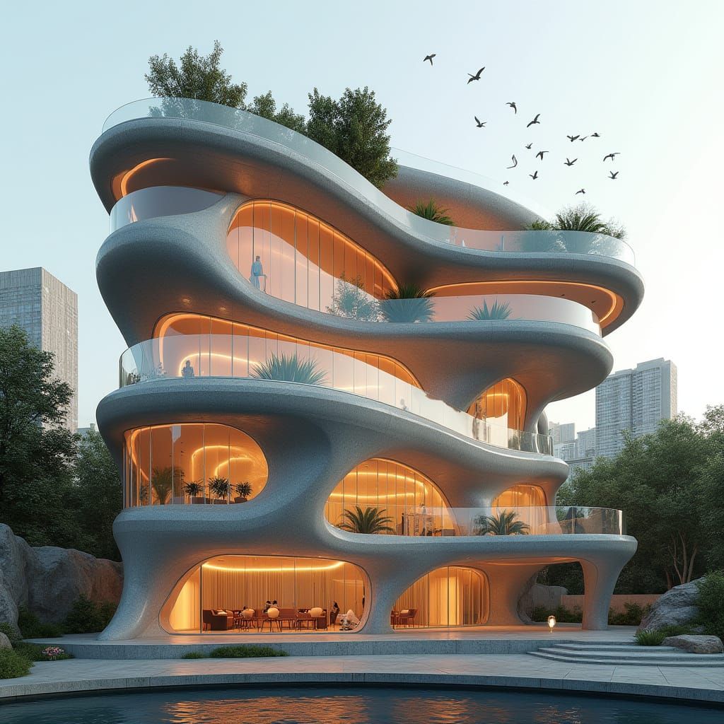 Futuristic Flower Building with Organic Design and Lush Balc...