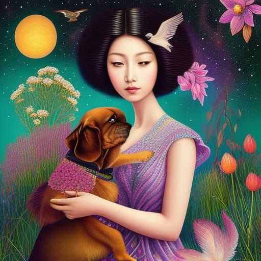 Fairytale Girl with Dogs: Magic Realism Vector Art