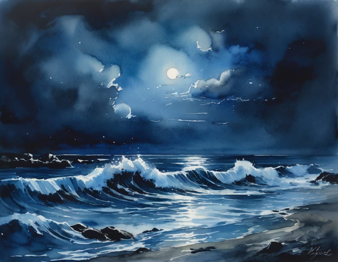 Midnight Moonlit Seascape in Watercolor