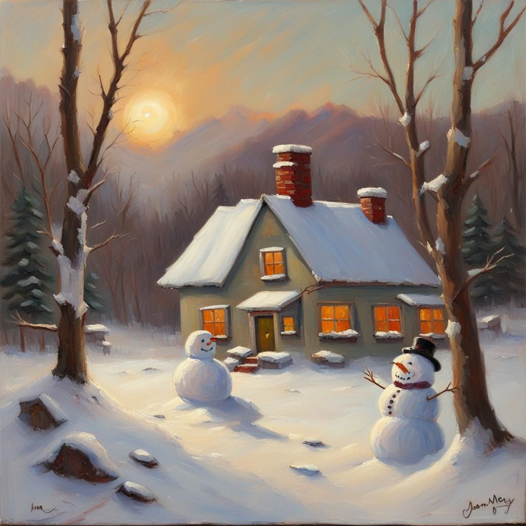 Snowman Winter Scene as Oil Painting