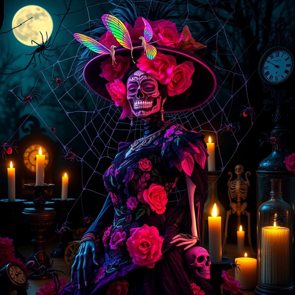Dia De Muertos Woman in Surreal Halloween Night Scene