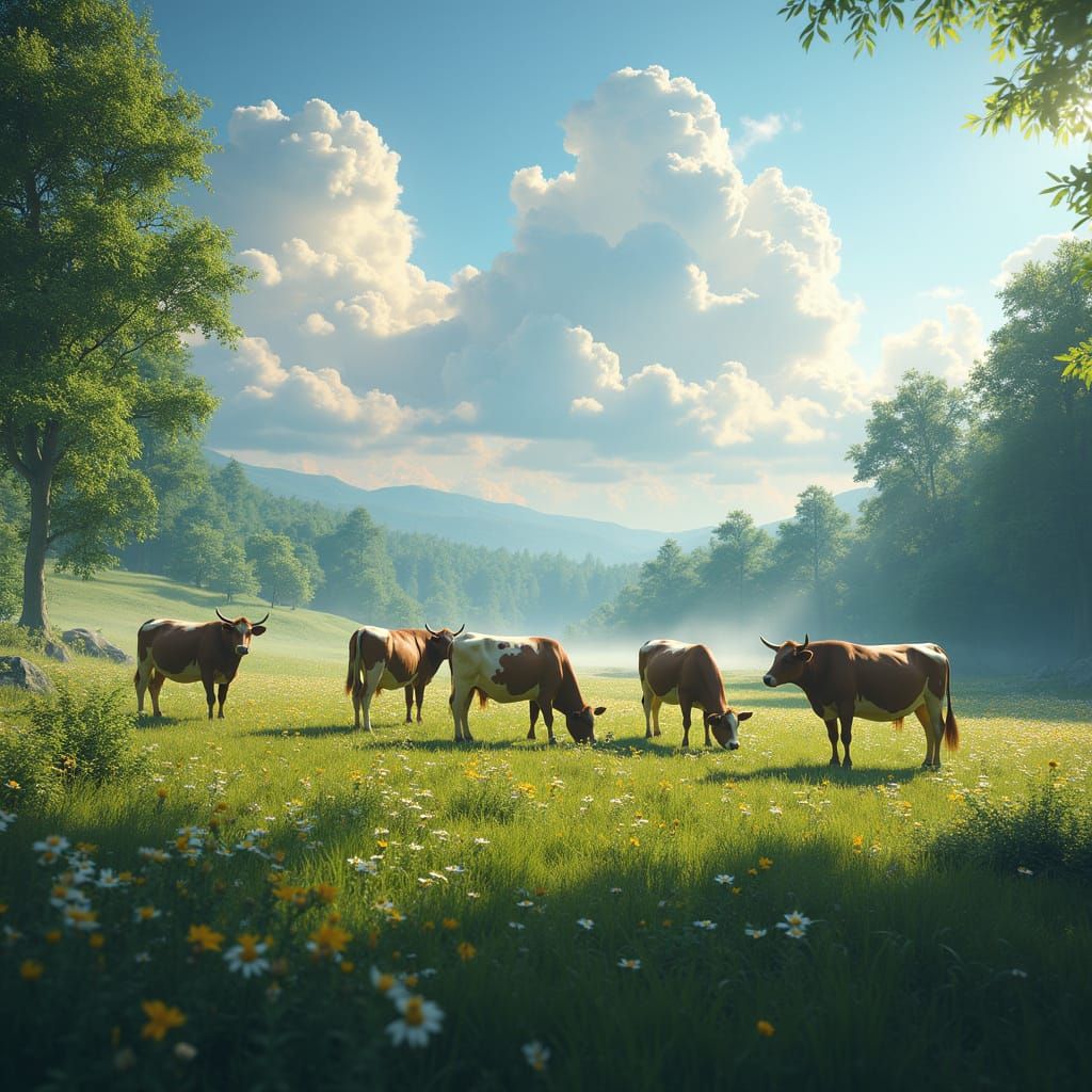 Cows Grazing in Summer Meadow: Fantasy Concept Art