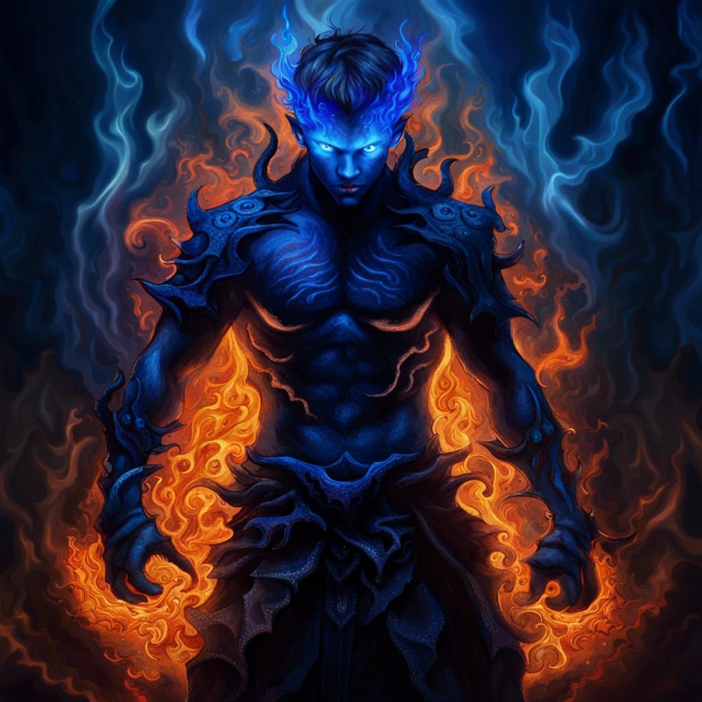 Teenage Boy and Demon Engulfed in Blue Flames