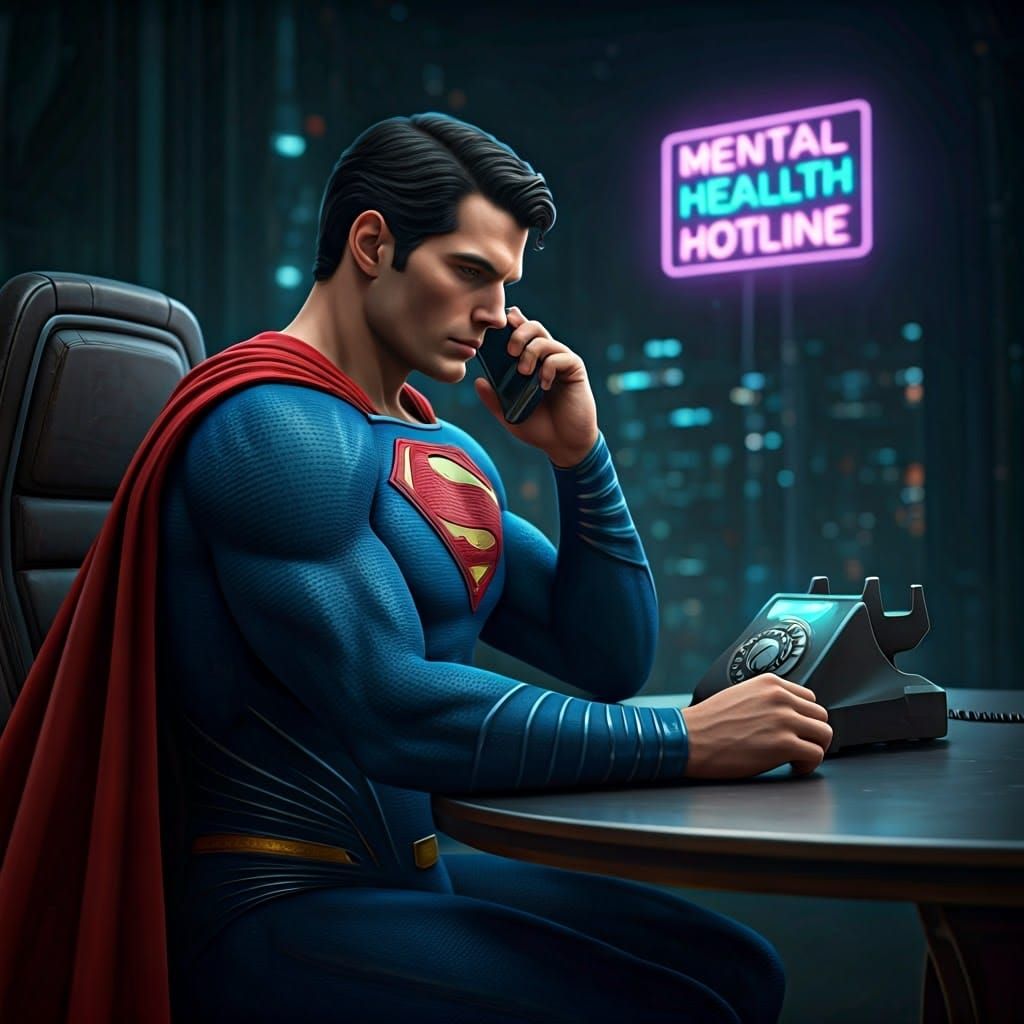 Superman Answers Hotline in Futuristic Cityscape